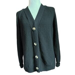 Gap Women’s Black Waffle Moss Knit Cardigan Sz M Preppy Academia Goth Button Up
